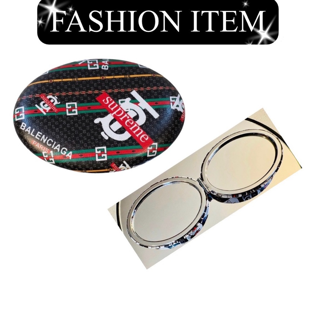 COMPACT MIRROR: Oval-Shaped Black, Red, Blue, Green w/80’s New Wave Design,NWOT
